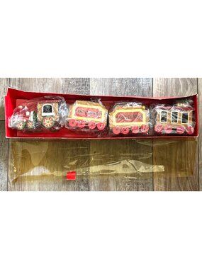 Vintage Santa Express Christmas Train Set 4-Piece Wooden Decor Gold & Red